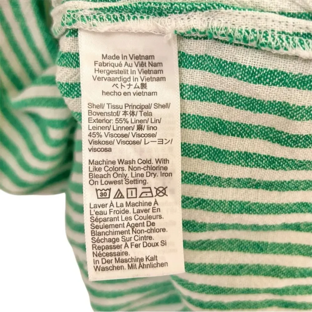 J. Crew Green Striped Linen Button Front Ruffle Top Small